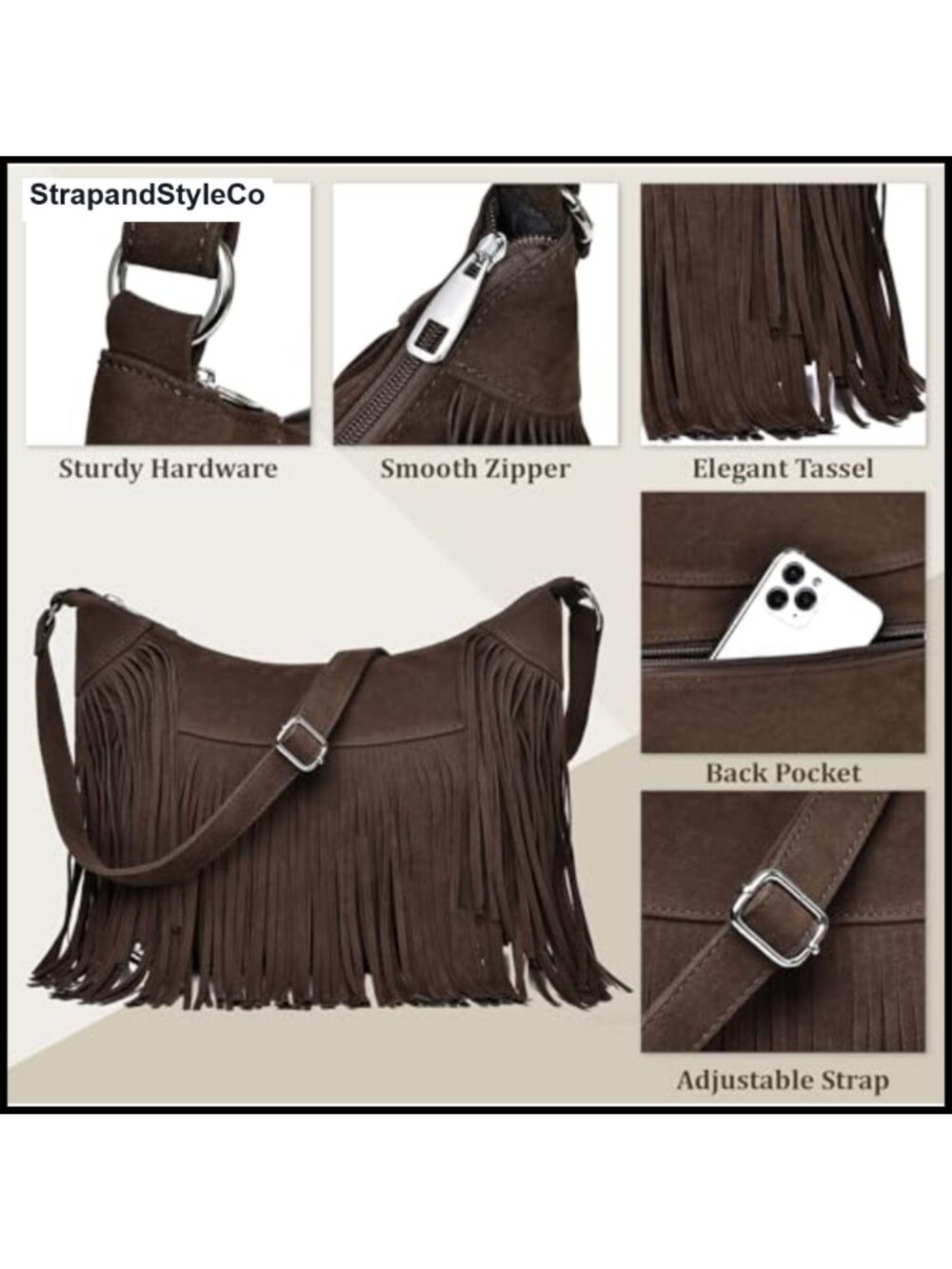 Fringe Hobo Crossbody Shoulder Bag Vintage Vegan Suede Purse - Picture 4 of 6